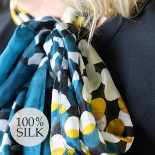 Teal Blue & Mustard Overlap Spot 100% Silk Scarf by Peace of Mind